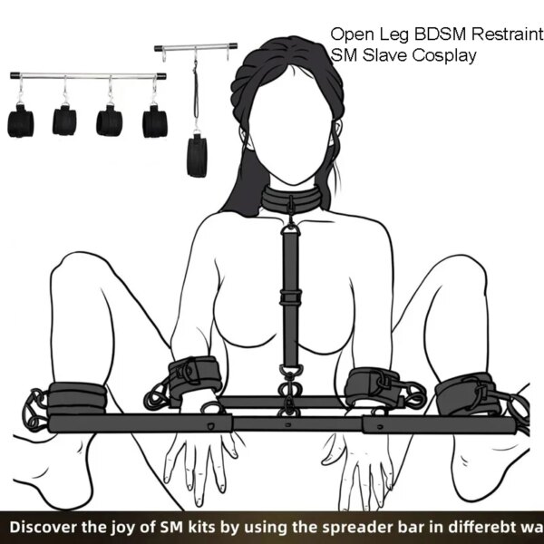 BDSM sex bondage set featuring handcuffs, neck collar, and spreader bar for adult intimate play