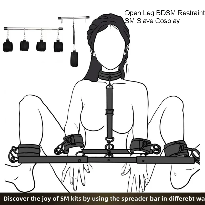 BDSM sex bondage set featuring handcuffs, neck collar, and spreader bar for adult intimate play