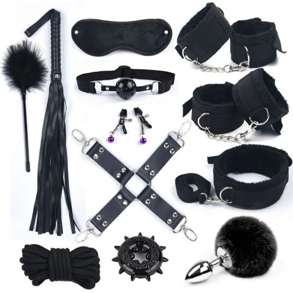 40CM Fox Tail Anal Plug Bondage Set for Women with Whip Handcuffs – Adult BDSM Toy