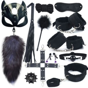 40CM Fox Tail Anal Plug Bondage Set for Women with Whip Handcuffs – Adult BDSM Toy