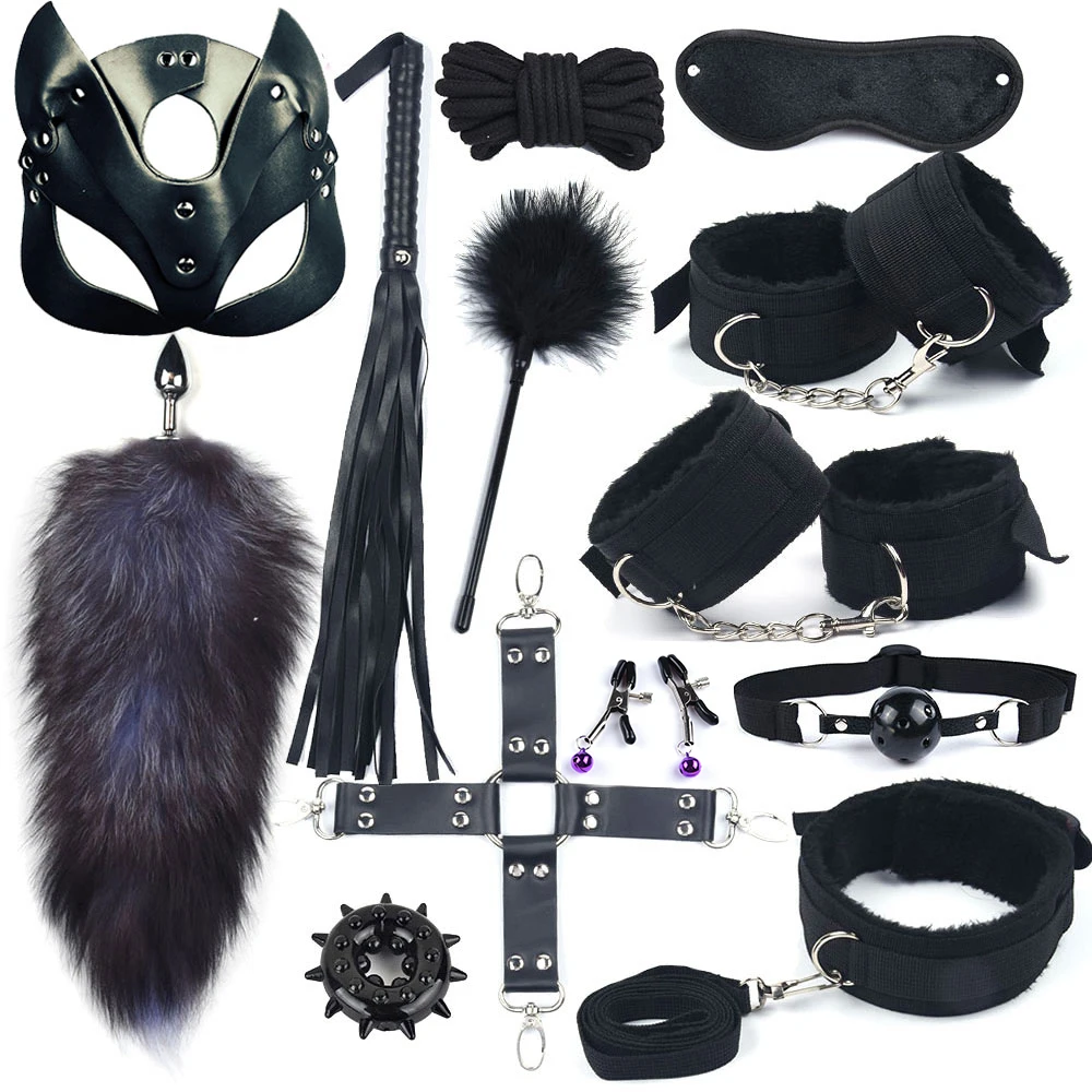 40CM Fox Tail Anal Plug Bondage Set for Women with Whip Handcuffs – Adult BDSM Toy