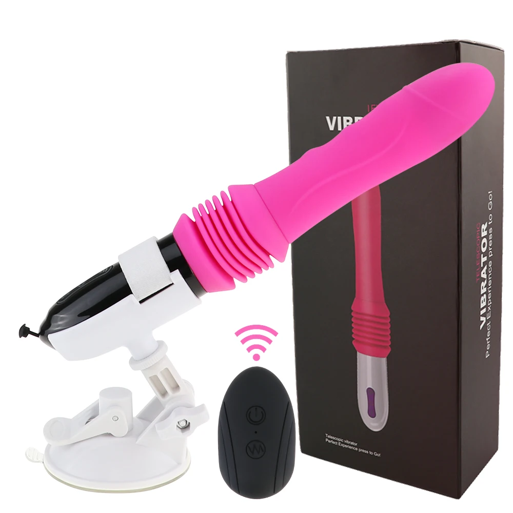 A large black automatic thrusting dildo vibrator with a wireless remote control for G-spot stimulation.