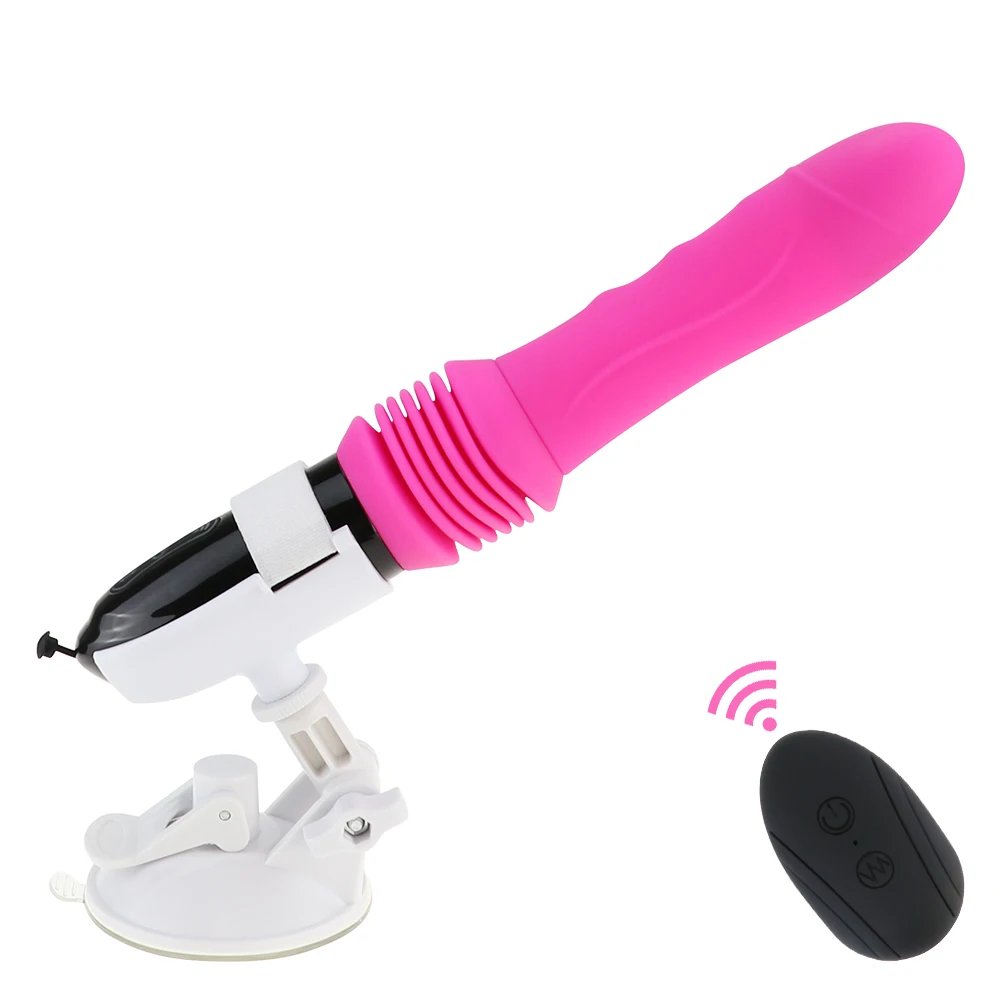 A large black automatic thrusting dildo vibrator with a wireless remote control for G-spot stimulation.