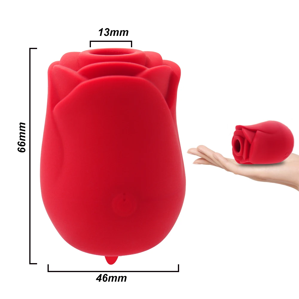 A red rose-shaped licking and sucking vibrator for clitoral and nipple stimulation.