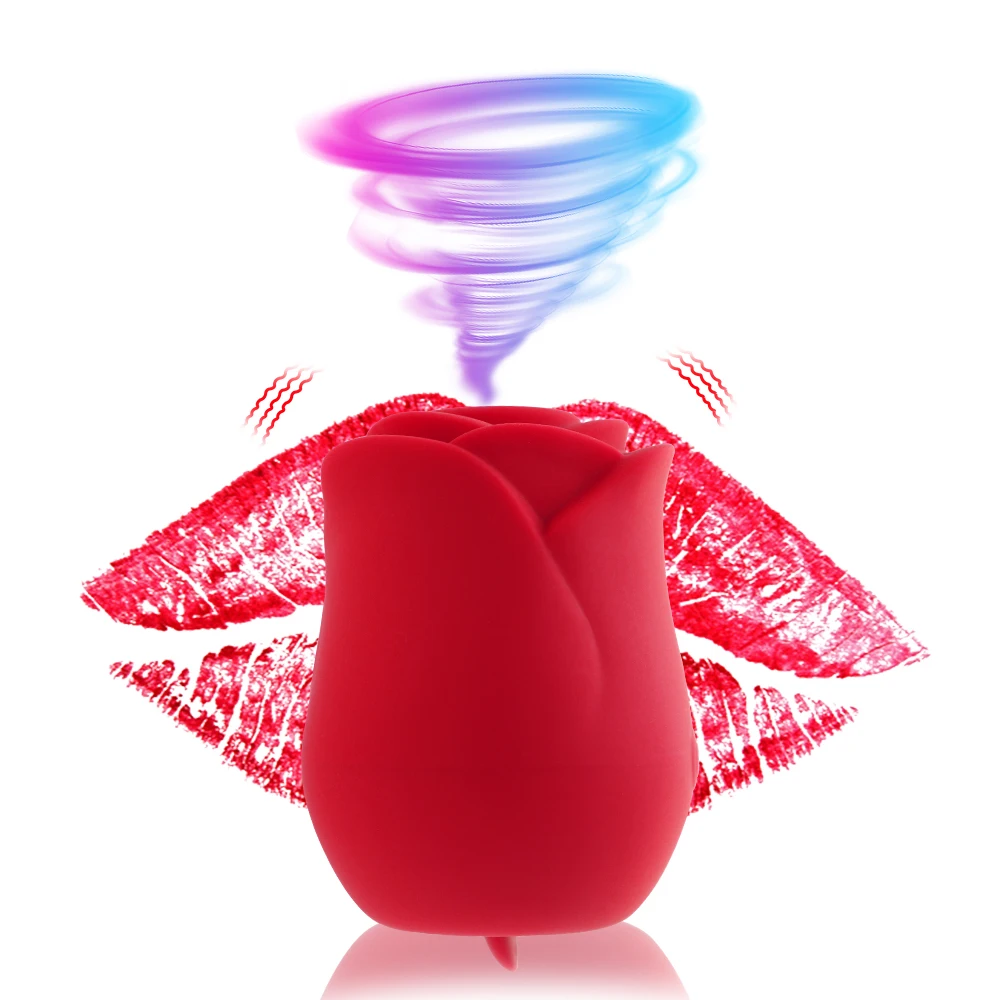 A red rose-shaped licking and sucking vibrator for clitoral and nipple stimulation.