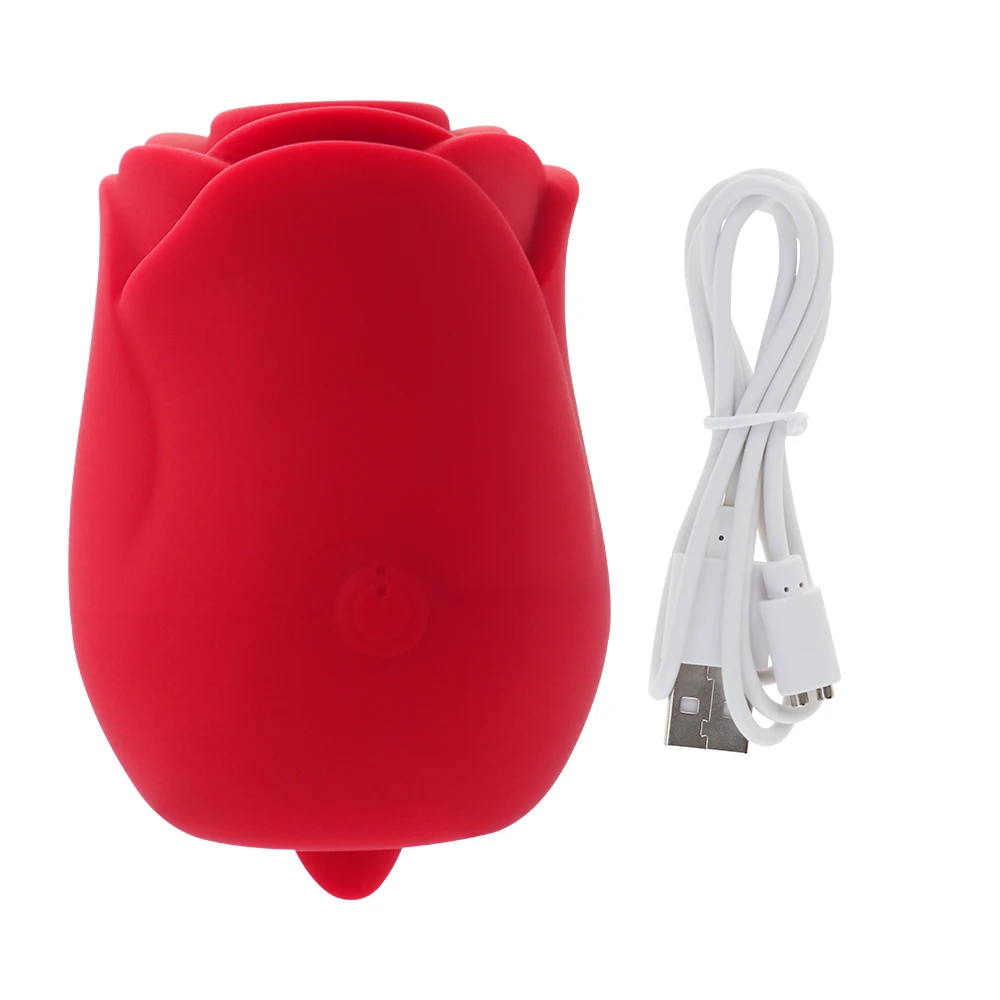A red rose-shaped licking and sucking vibrator for clitoral and nipple stimulation.