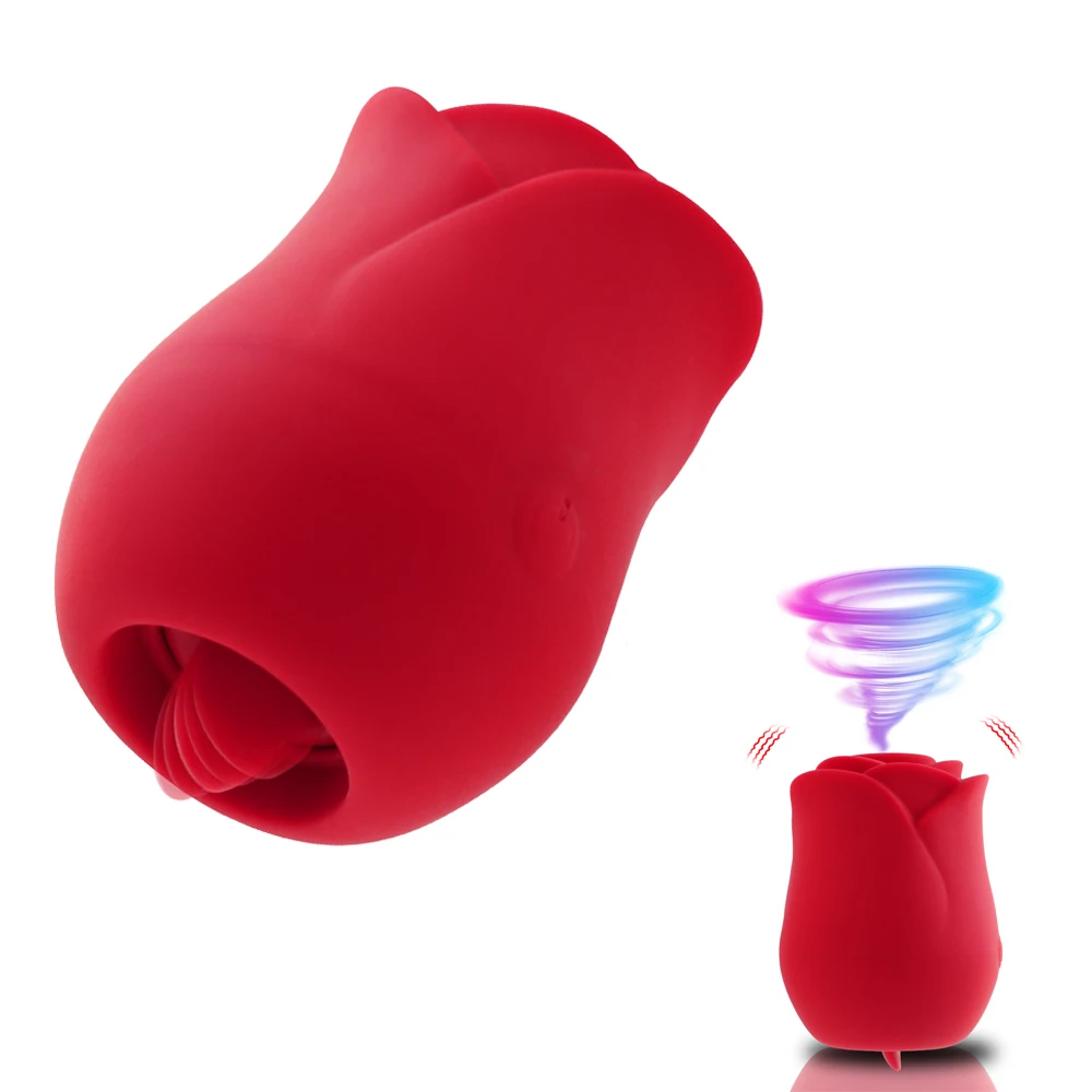 A red rose-shaped licking and sucking vibrator for clitoral and nipple stimulation.