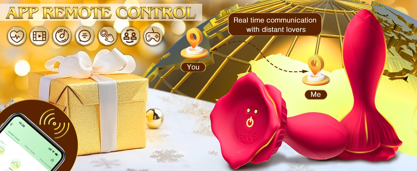 Red silicone vibrating rose butt plug with a tapered base and leaf detail for beginner-friendly APP controlled adult play.