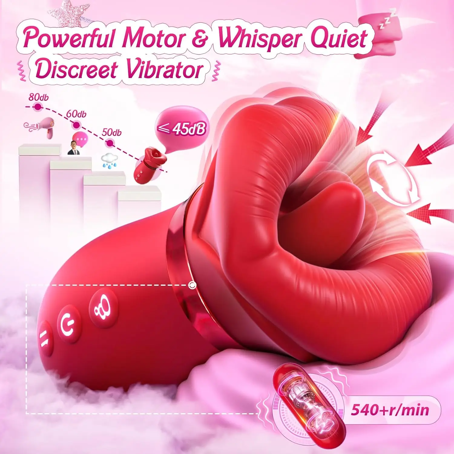 Red rose-shaped mouth sucking vibrator and tongue licking stimulator for adult women.