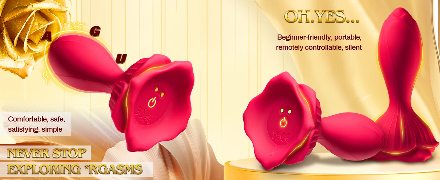 Red silicone vibrating rose butt plug with a tapered base and leaf detail for beginner-friendly APP controlled adult play.