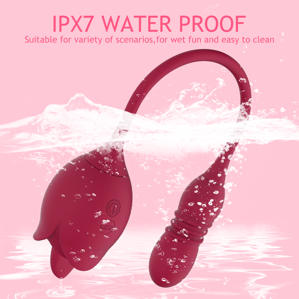 A red rose-shaped female masturbator with a licking tongue feature and a telescopic dildo attachment for dual stimulation.