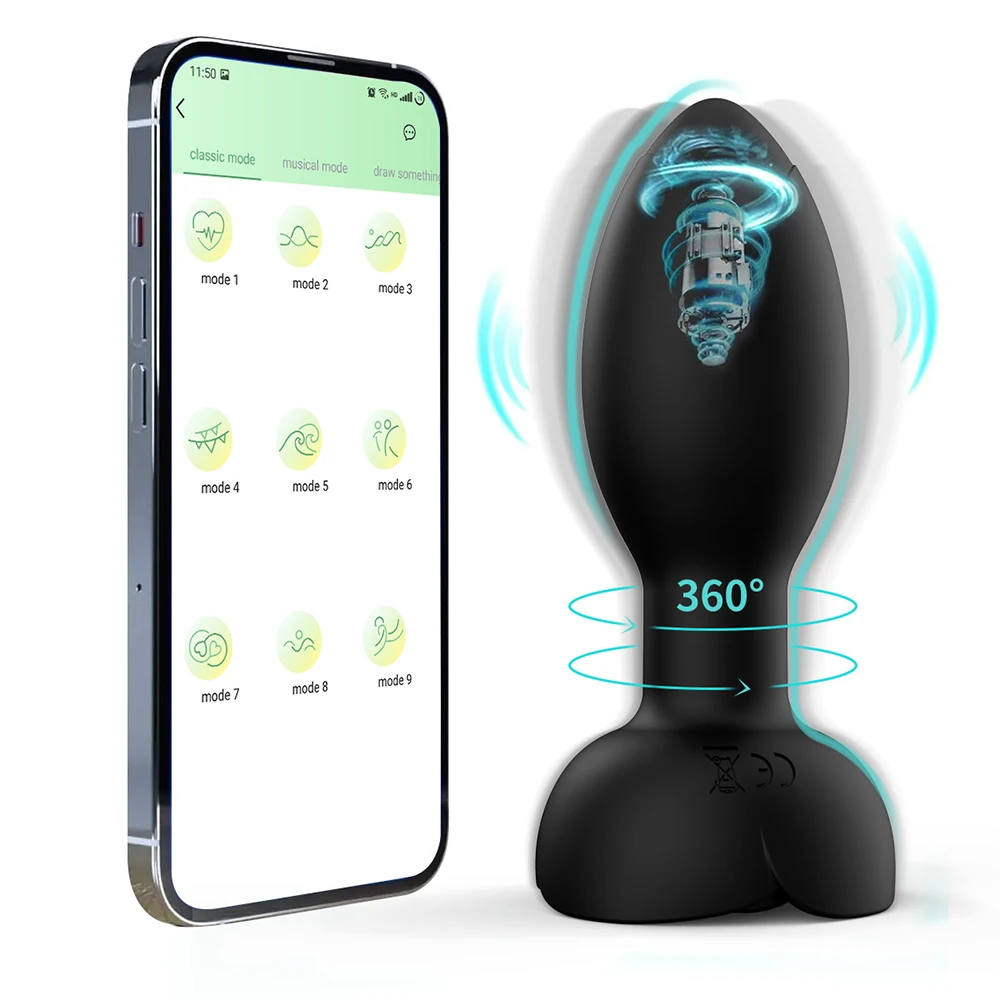 A sleek, black app-controlled rotating anal plug and prostate massager.