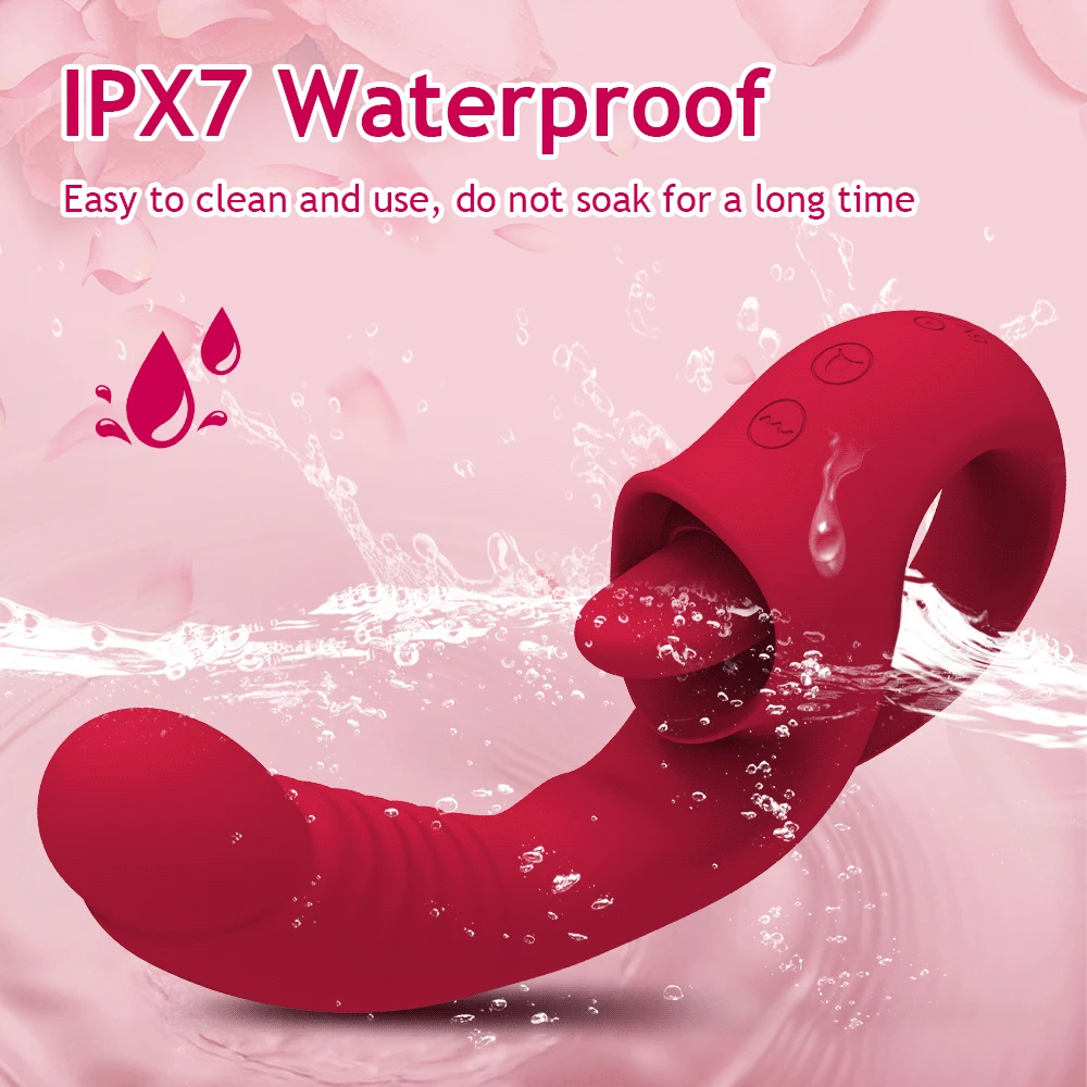 A realistic big dildo with a licking tongue attachment and textured surface for dual clitoral and G-spot stimulation.