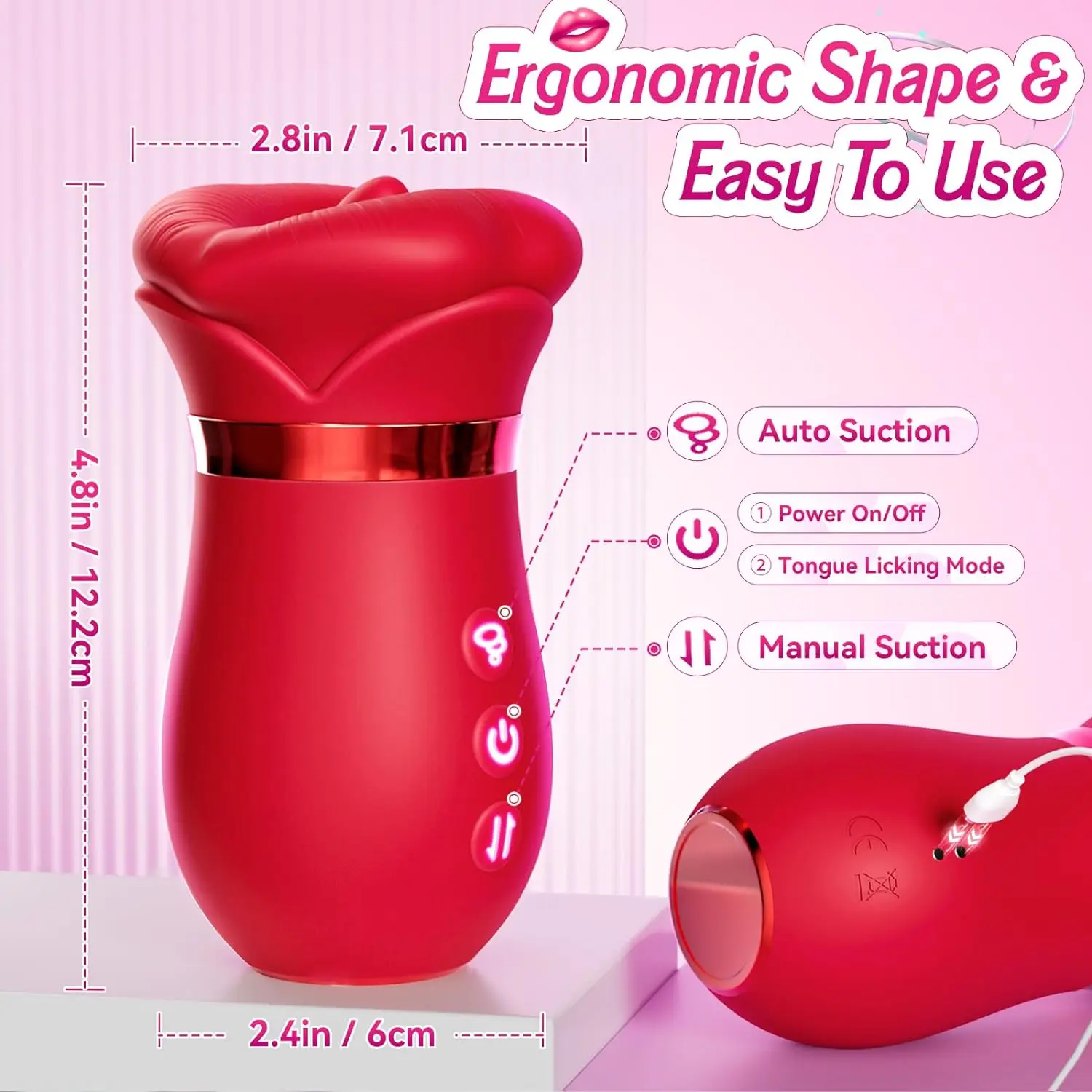 Red rose-shaped mouth sucking vibrator and tongue licking stimulator for adult women.