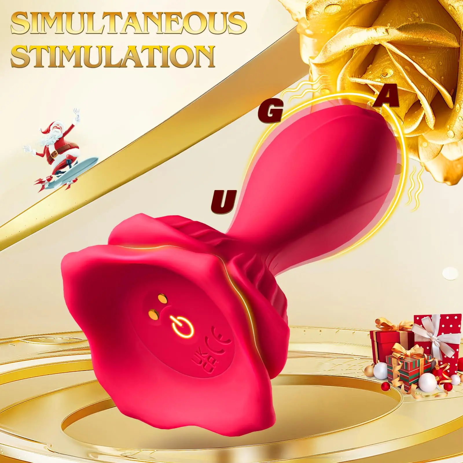Red silicone vibrating rose butt plug with a tapered base and leaf detail for beginner-friendly APP controlled adult play.