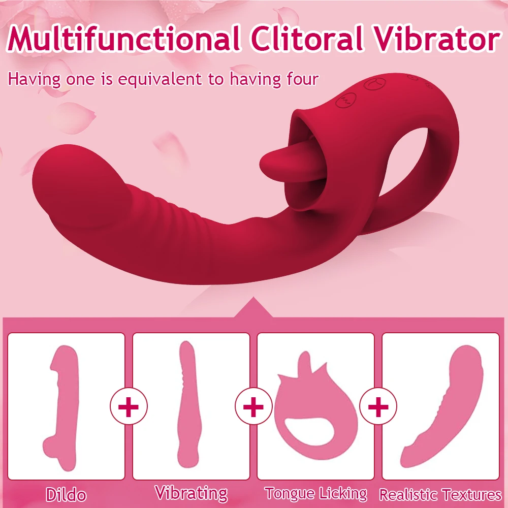 A realistic big dildo with a licking tongue attachment and textured surface for dual clitoral and G-spot stimulation.