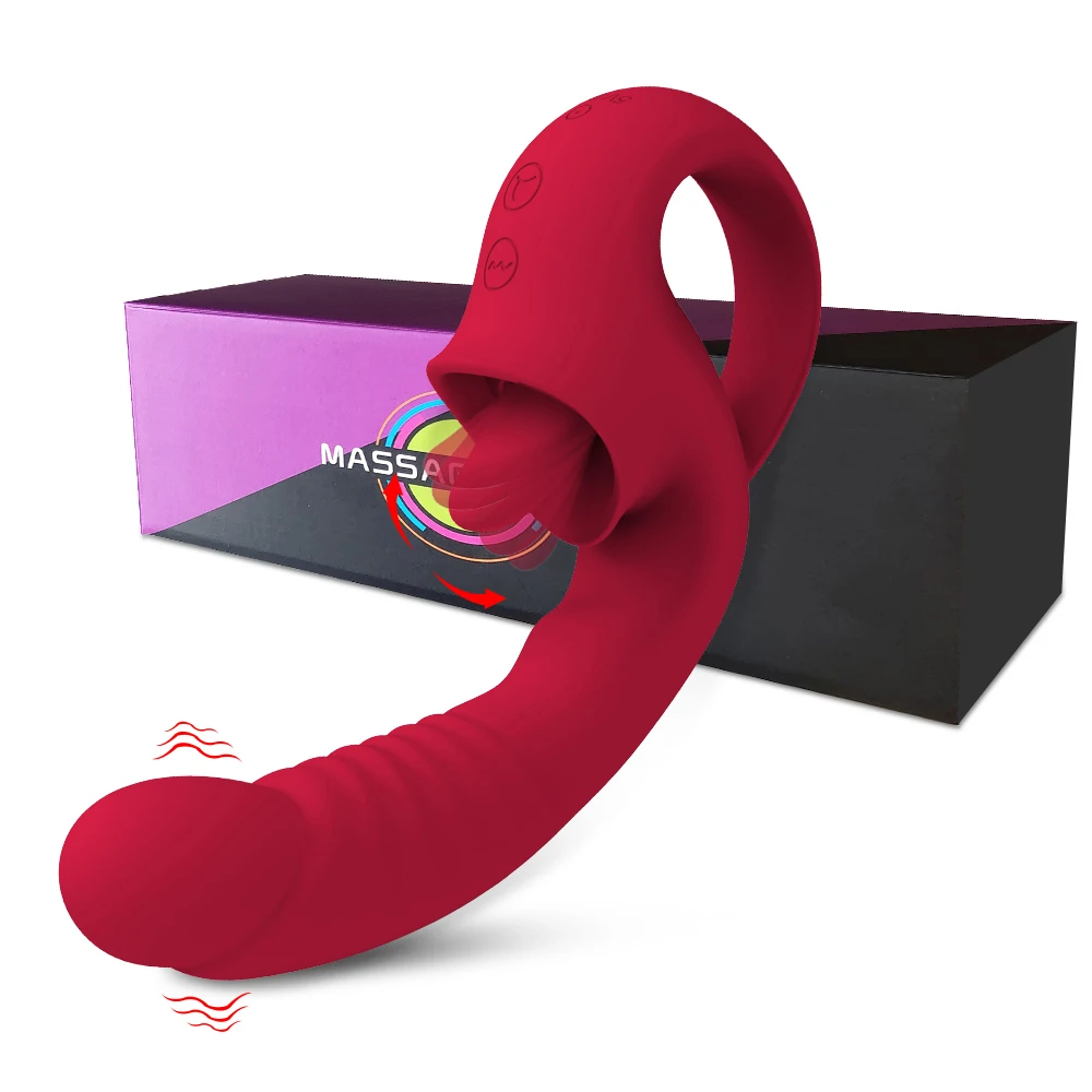 A realistic big dildo with a licking tongue attachment and textured surface for dual clitoral and G-spot stimulation.