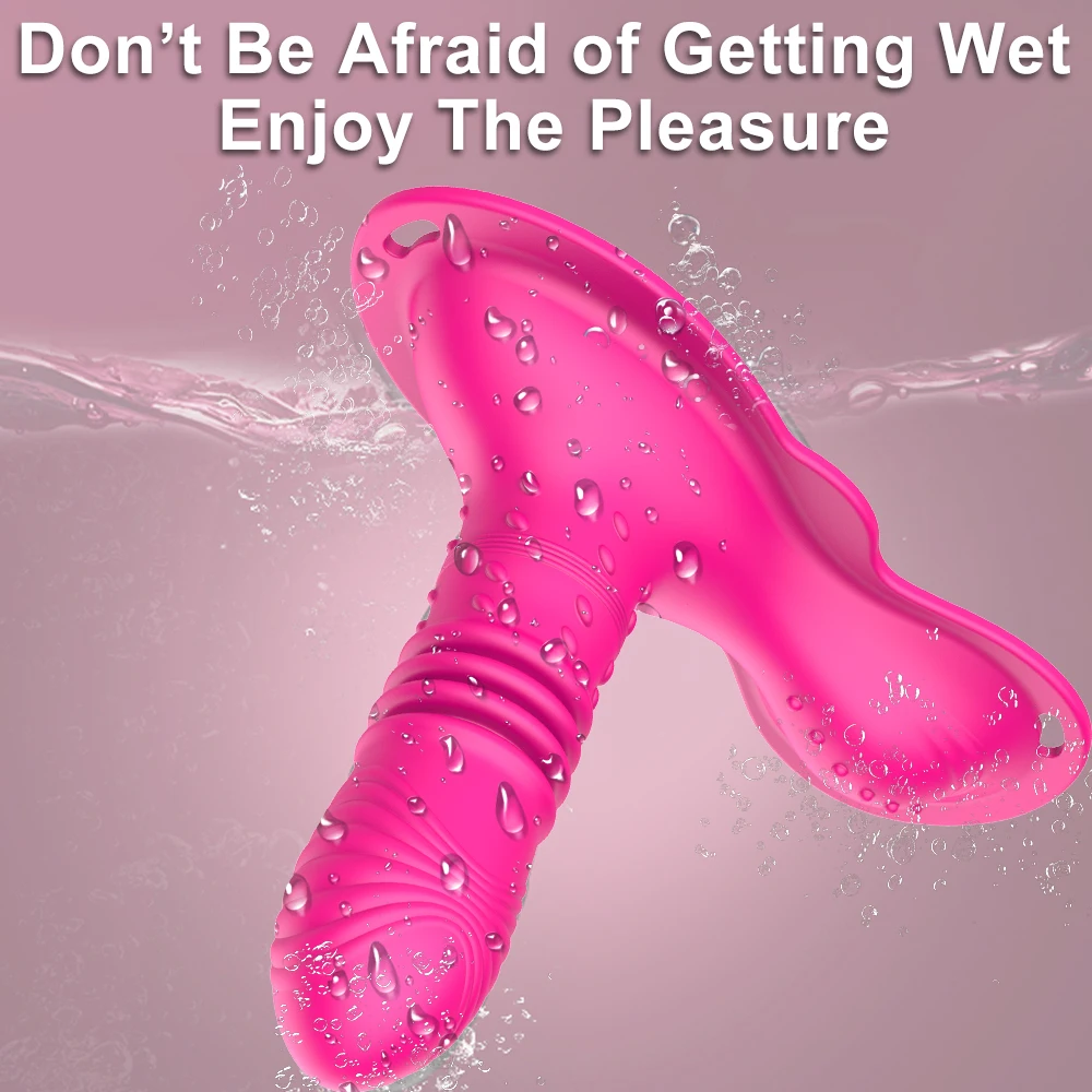 An ergonomic black sit and ride thrusting vibrator with clitoral stimulator and anal plug.