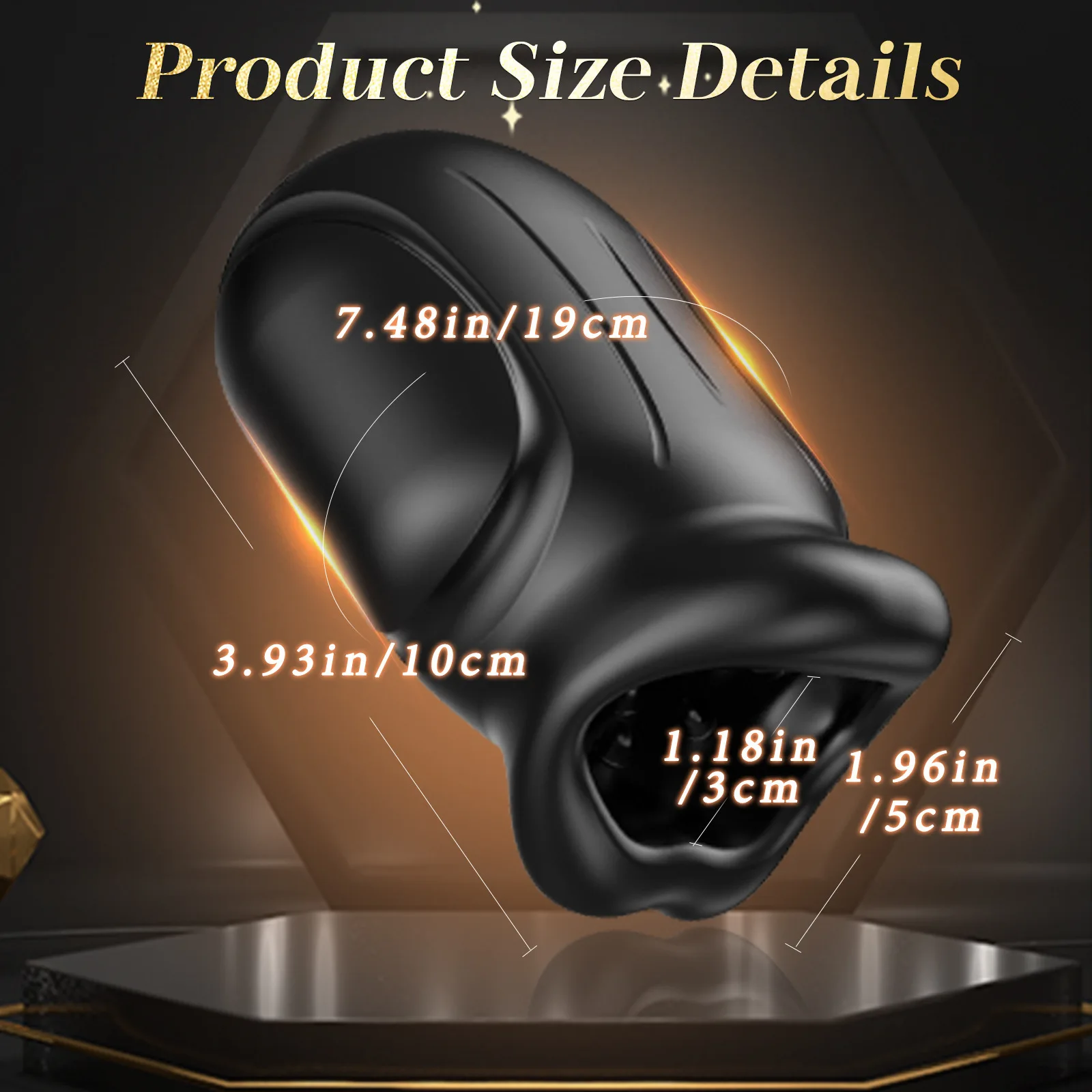 Close-up of a sleek black APP Control Male Masturbator showing the textured sucking mouth and ergonomic design for glans training.