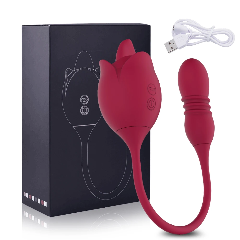 A red rose-shaped female masturbator with a licking tongue feature and a telescopic dildo attachment for dual stimulation.