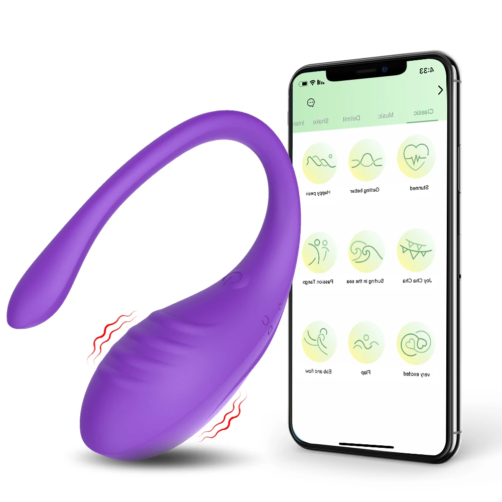 A sleek, purple wearable vibrating egg massager by Xlucia with a contoured design for G-spot and anal stimulation, shown next to a smartphone displaying the control app.