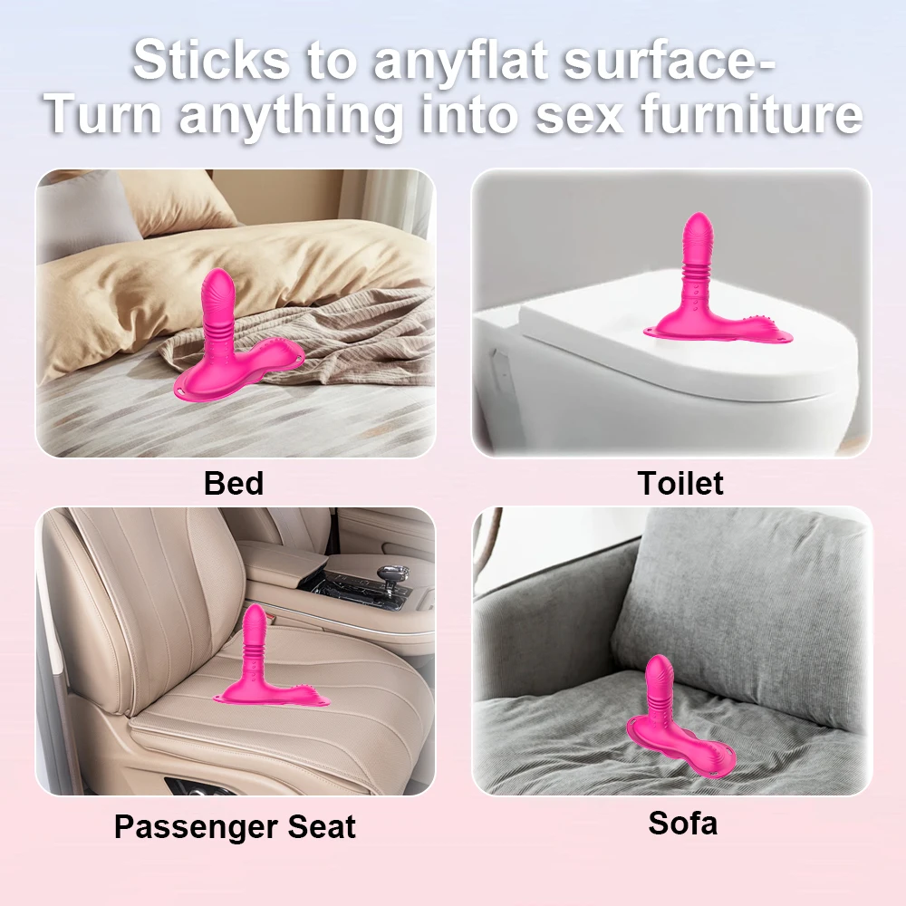 An ergonomic black sit and ride thrusting vibrator with clitoral stimulator and anal plug.