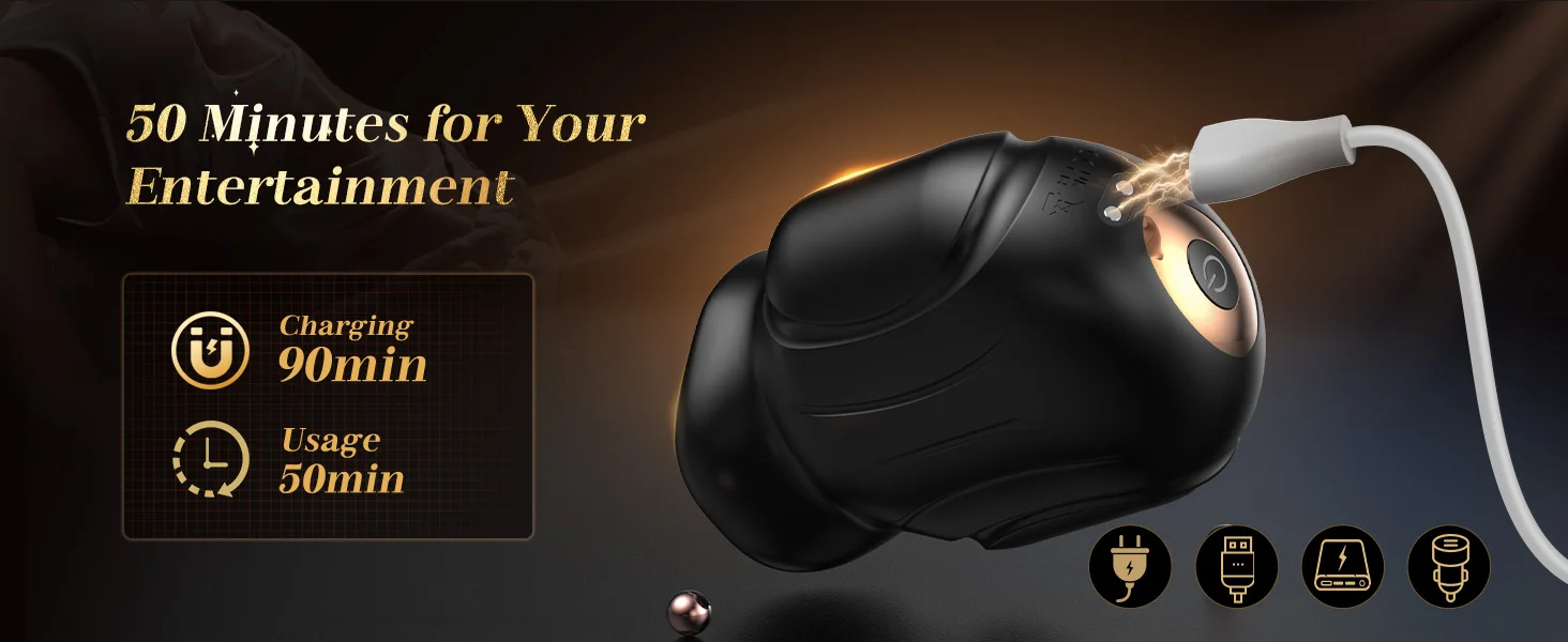 Close-up of a sleek black APP Control Male Masturbator showing the textured sucking mouth and ergonomic design for glans training.