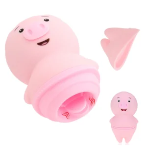 A pink pig-shaped clitoral sucking and licking vibrator for adult women, designed for nipple and clit stimulation.