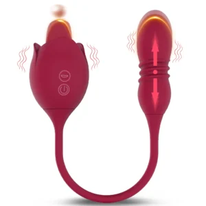 A red rose-shaped female masturbator with a licking tongue feature and a telescopic dildo attachment for dual stimulation.