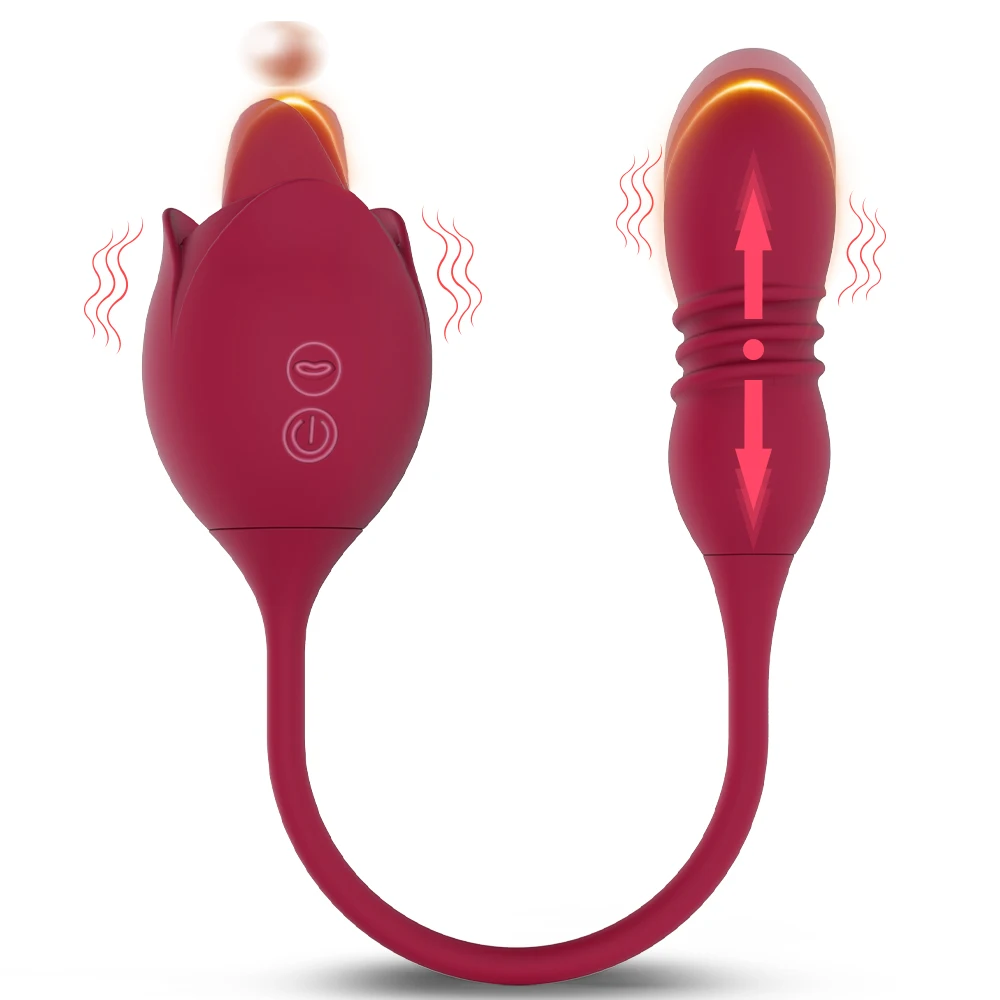 A red rose-shaped female masturbator with a licking tongue feature and a telescopic dildo attachment for dual stimulation.
