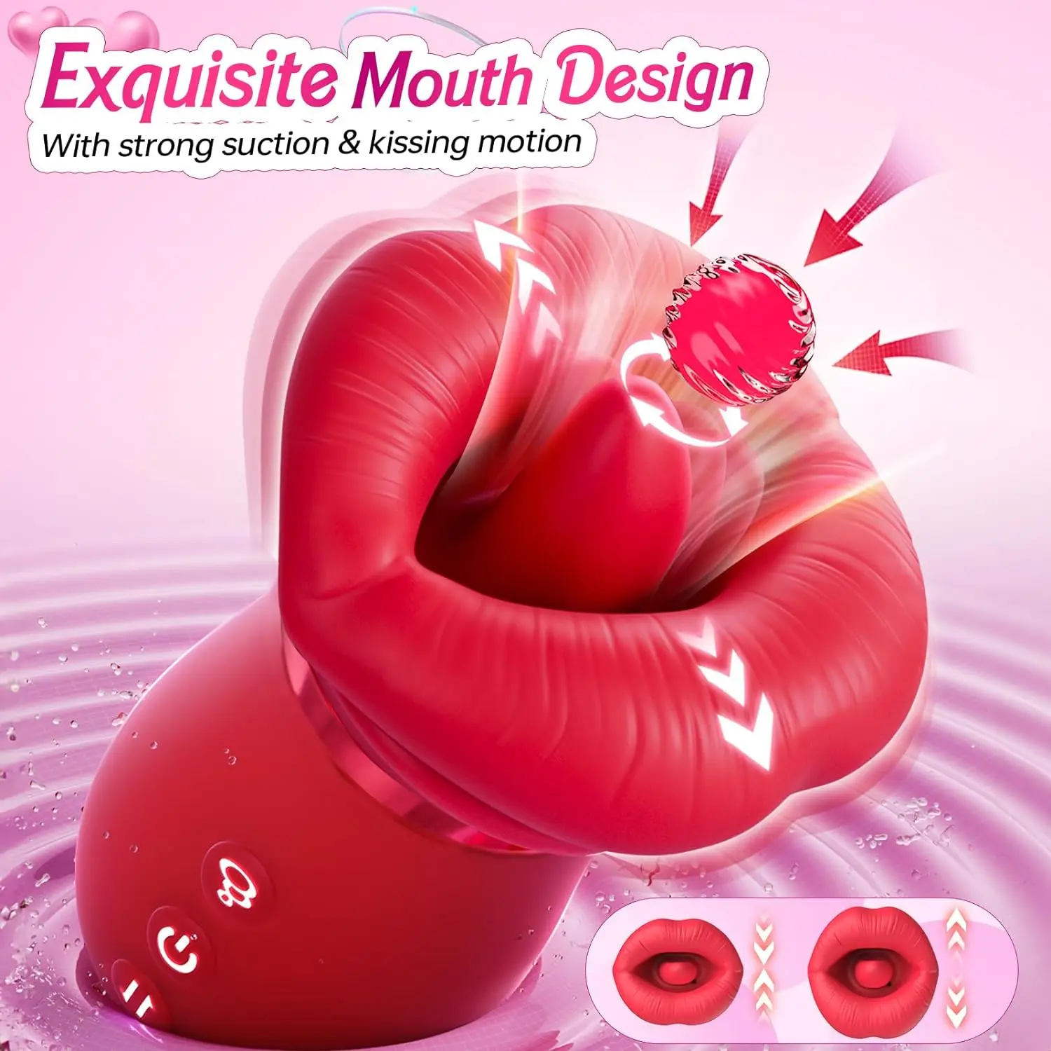 Red rose-shaped mouth sucking vibrator and tongue licking stimulator for adult women.