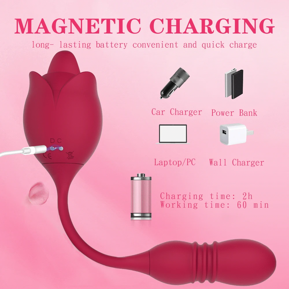 A red rose-shaped female masturbator with a licking tongue feature and a telescopic dildo attachment for dual stimulation.