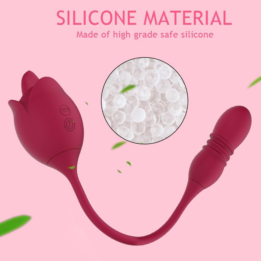 A red rose-shaped female masturbator with a licking tongue feature and a telescopic dildo attachment for dual stimulation.