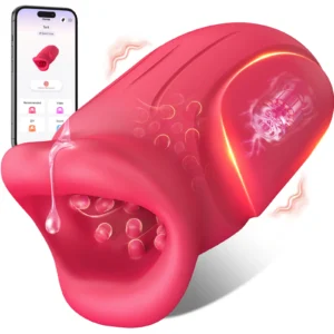 Close-up of a sleek black APP Control Male Masturbator showing the textured sucking mouth and ergonomic design for glans training.