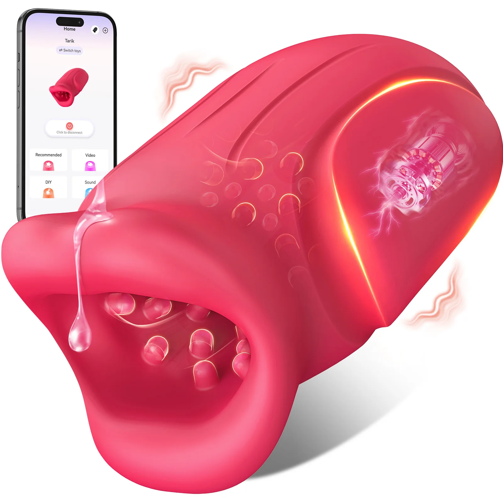 Close-up of a sleek black APP Control Male Masturbator showing the textured sucking mouth and ergonomic design for glans training.