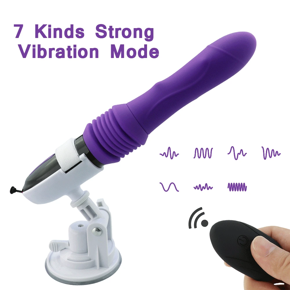A large black automatic thrusting dildo vibrator with a wireless remote control for G-spot stimulation.