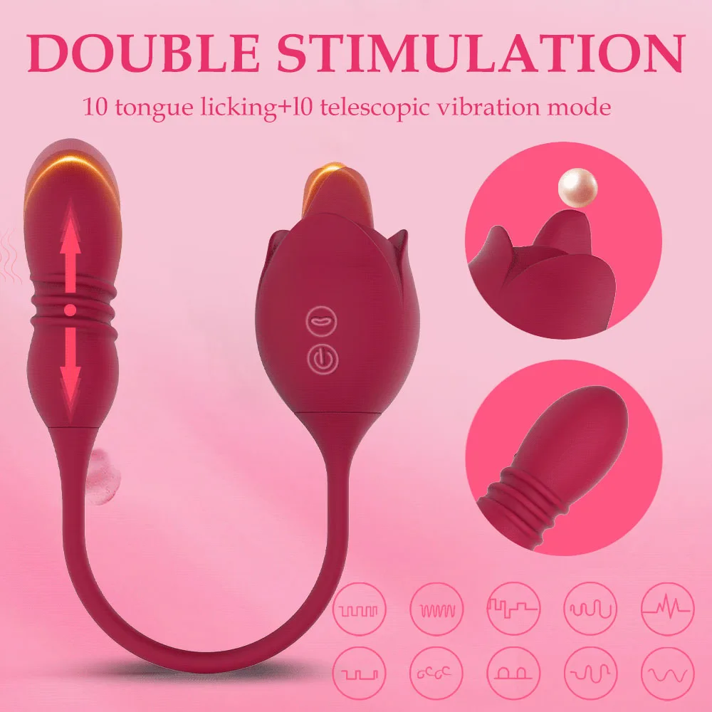A red rose-shaped female masturbator with a licking tongue feature and a telescopic dildo attachment for dual stimulation.