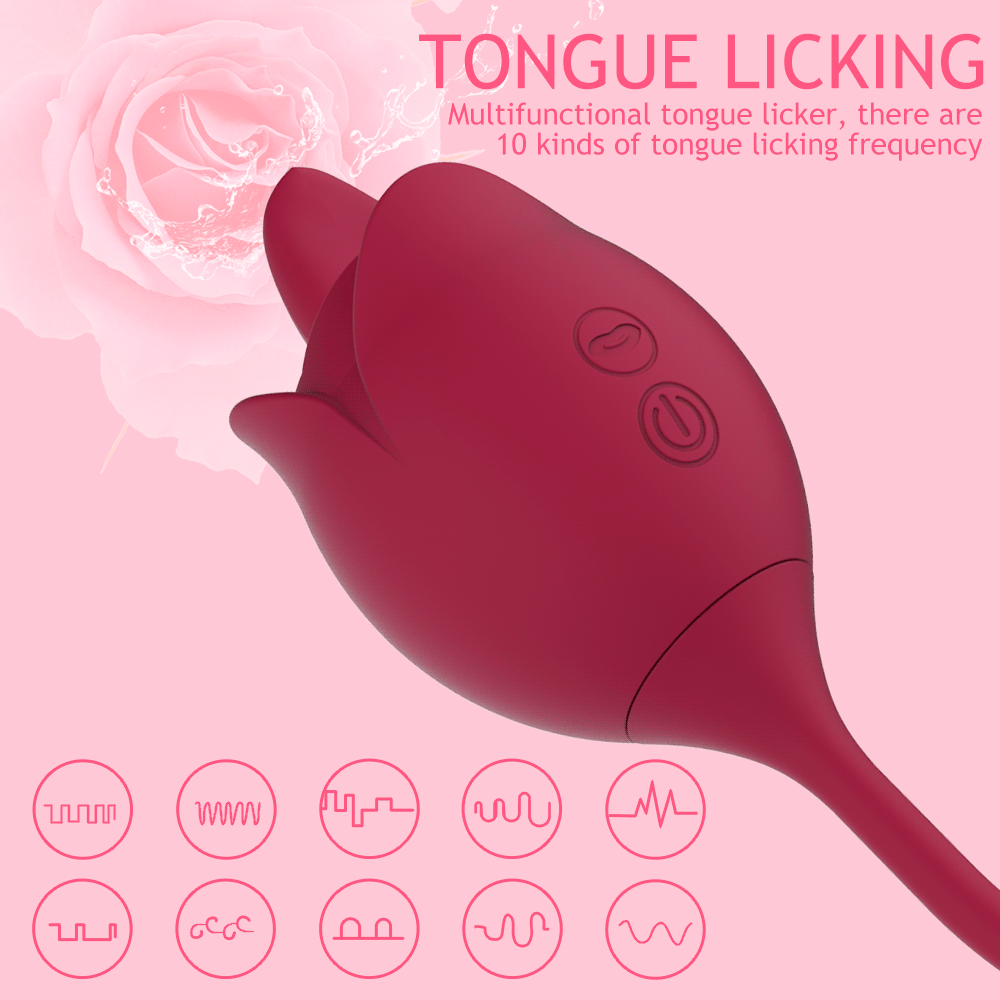 A red rose-shaped female masturbator with a licking tongue feature and a telescopic dildo attachment for dual stimulation.