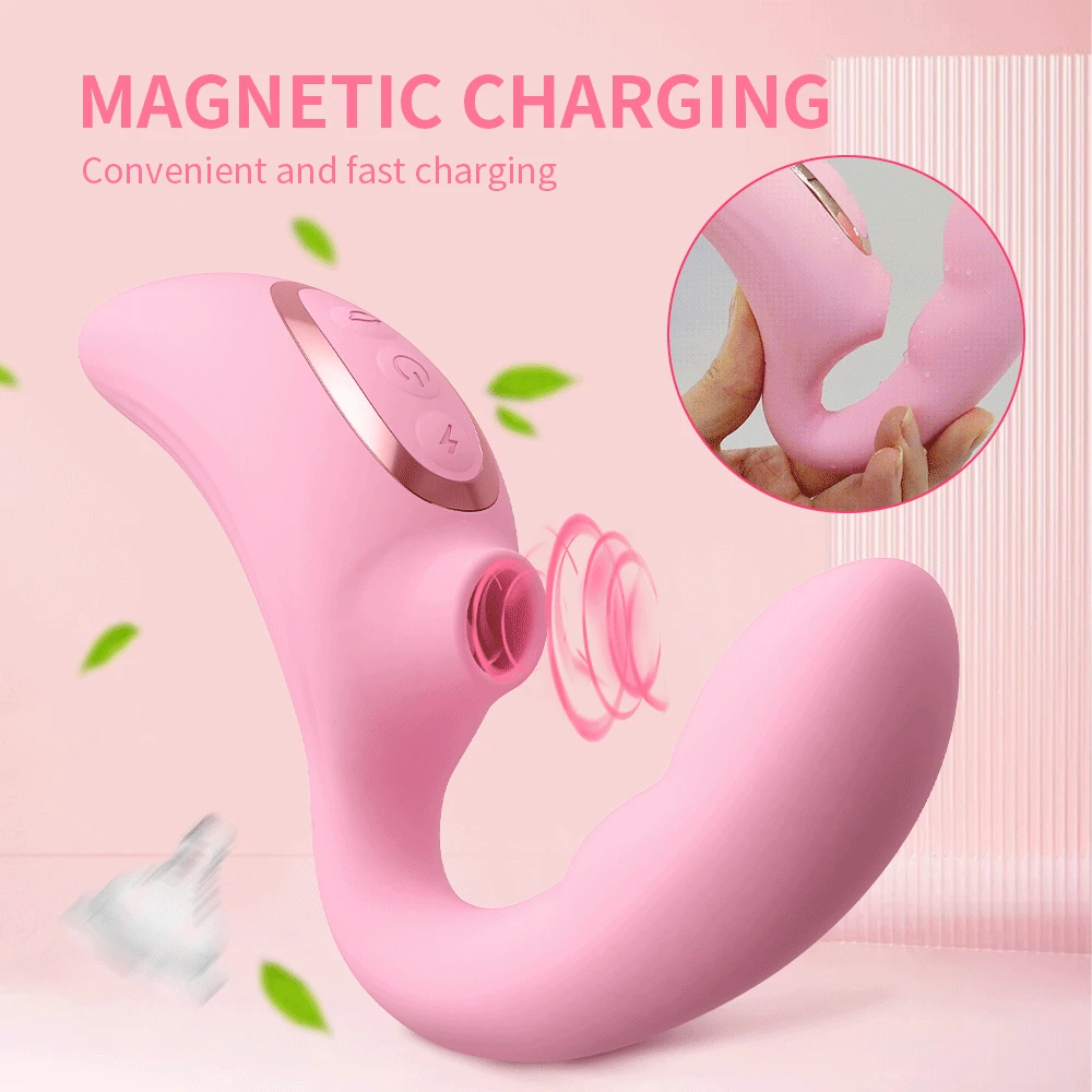 Close-up of a pink 15-mode heating clitoral sucking vibrator and vacuum stimulator dildo.