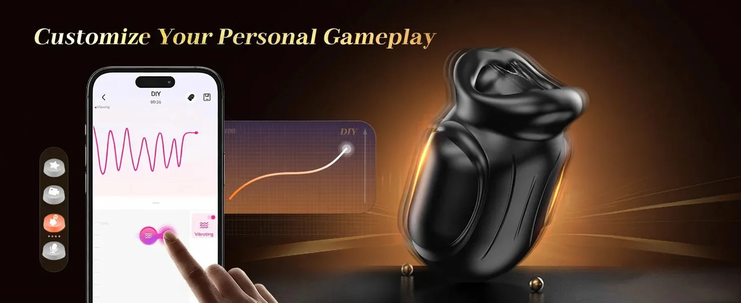 Close-up of a sleek black APP Control Male Masturbator showing the textured sucking mouth and ergonomic design for glans training.