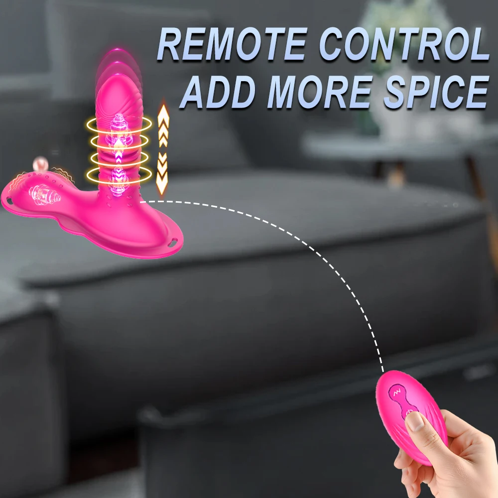 An ergonomic black sit and ride thrusting vibrator with clitoral stimulator and anal plug.