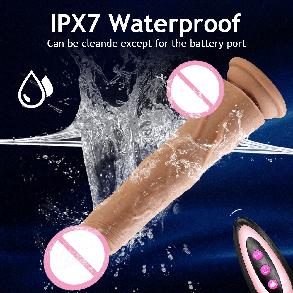 Remote control thrusting realistic dildo with suction cup and telescopic G-spot stimulator features.