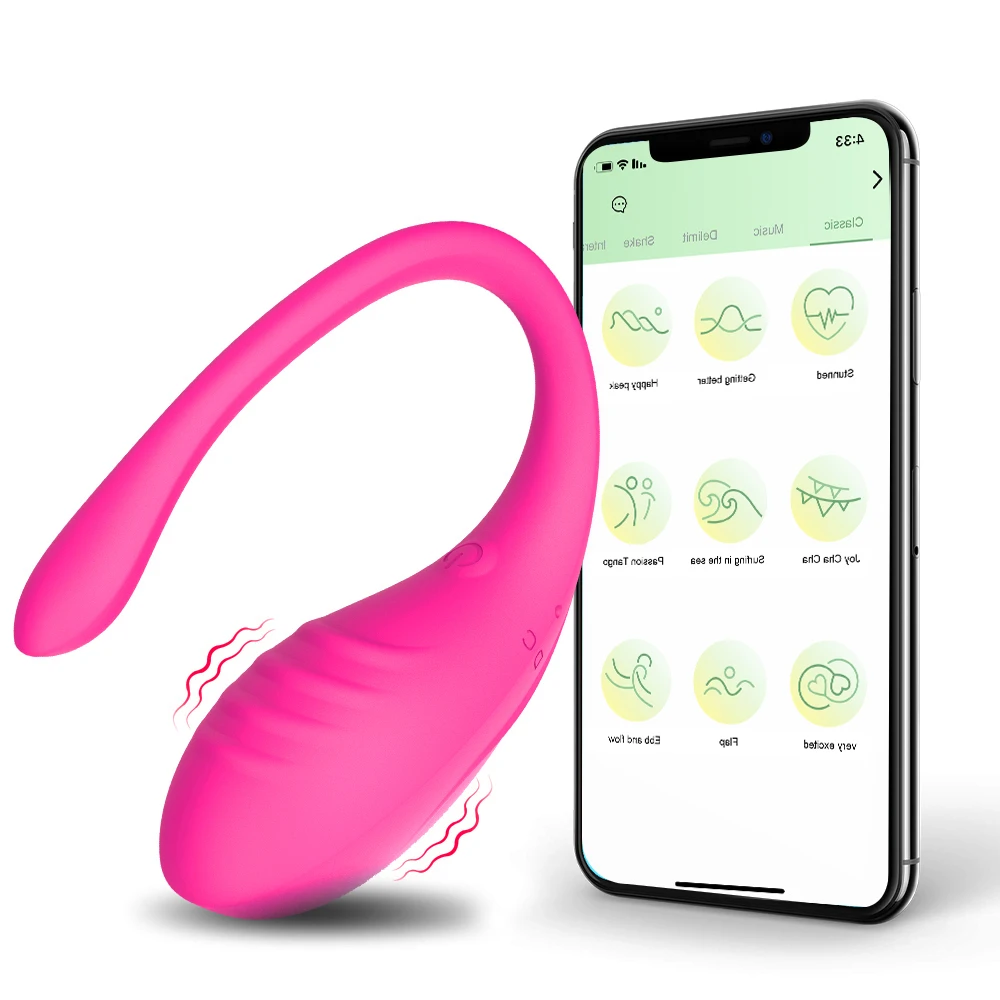 A sleek, purple wearable vibrating egg massager by Xlucia with a contoured design for G-spot and anal stimulation, shown next to a smartphone displaying the control app.