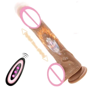 Remote control thrusting realistic dildo with suction cup and telescopic G-spot stimulator features.