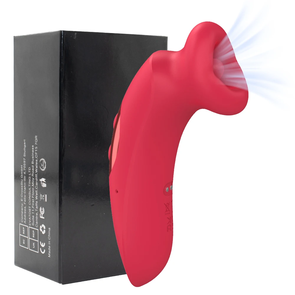 Red rose-shaped mouth sucking vibrator and tongue licking stimulator for adult women.
