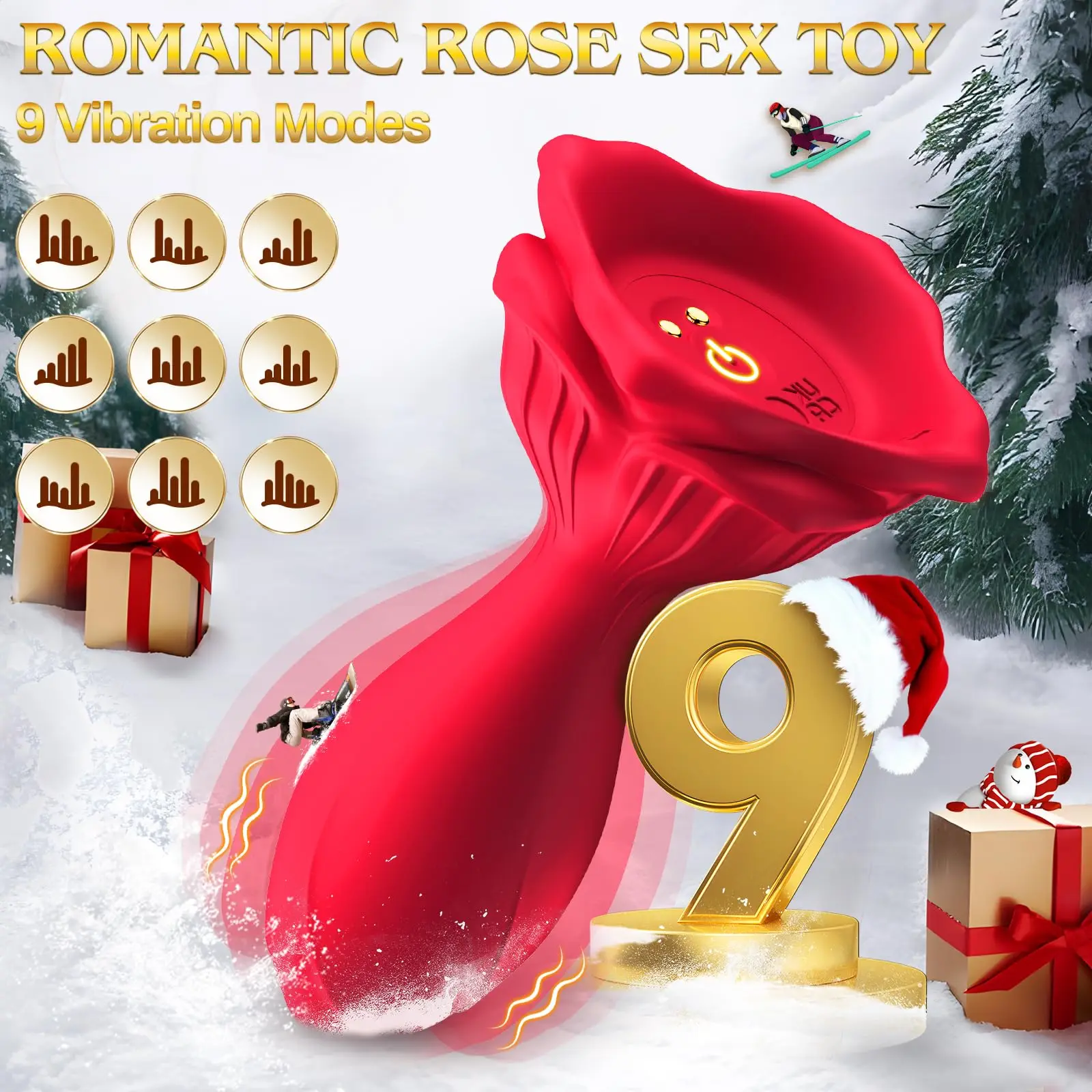 Red silicone vibrating rose butt plug with a tapered base and leaf detail for beginner-friendly APP controlled adult play.