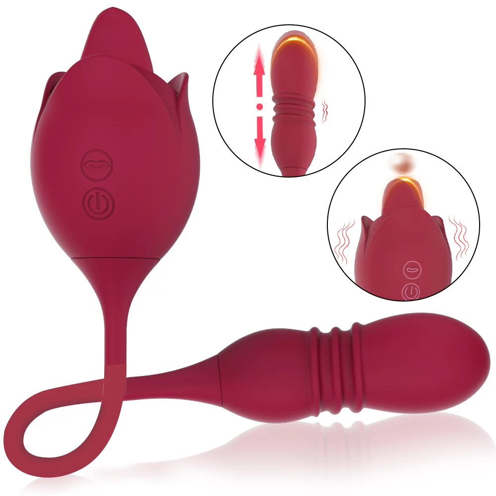 A red rose-shaped female masturbator with a licking tongue feature and a telescopic dildo attachment for dual stimulation.