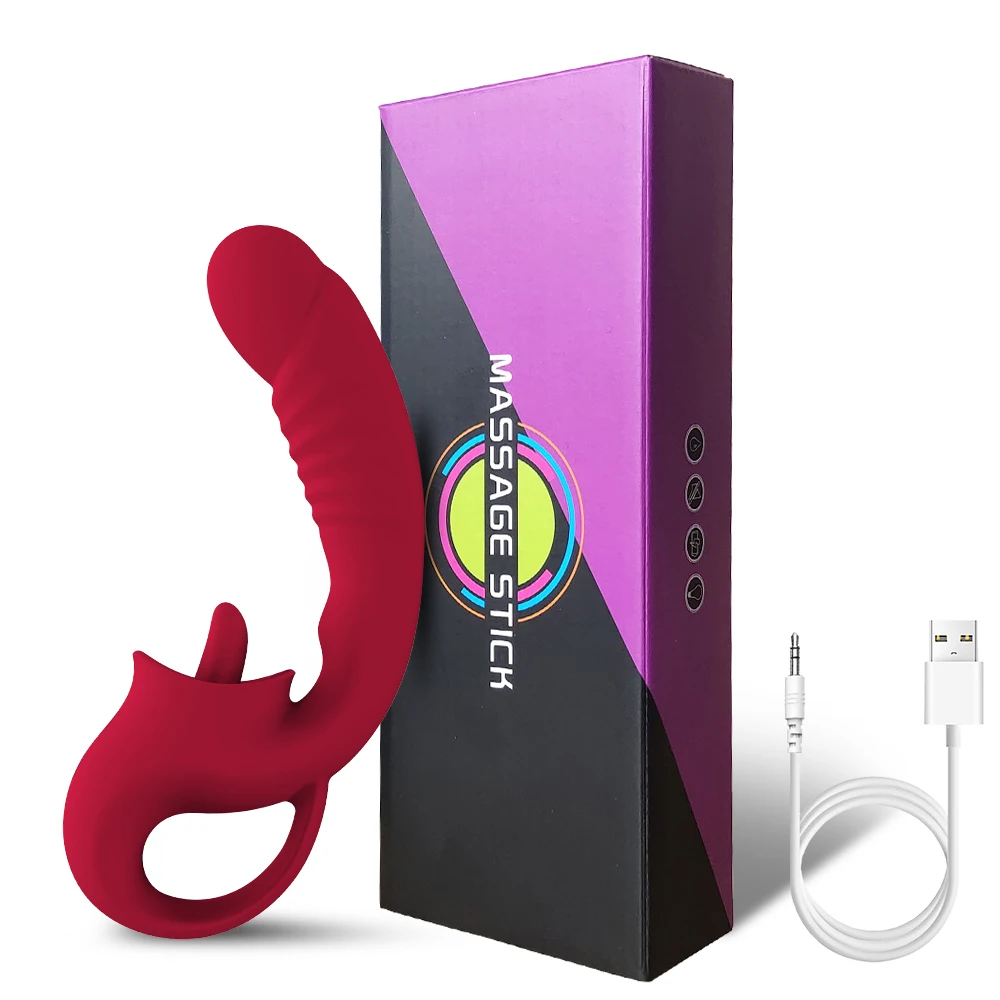 A realistic big dildo with a licking tongue attachment and textured surface for dual clitoral and G-spot stimulation.