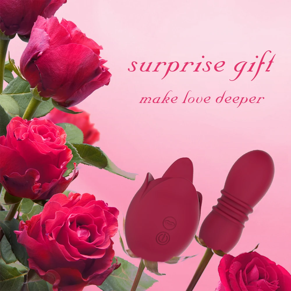 A red rose-shaped female masturbator with a licking tongue feature and a telescopic dildo attachment for dual stimulation.