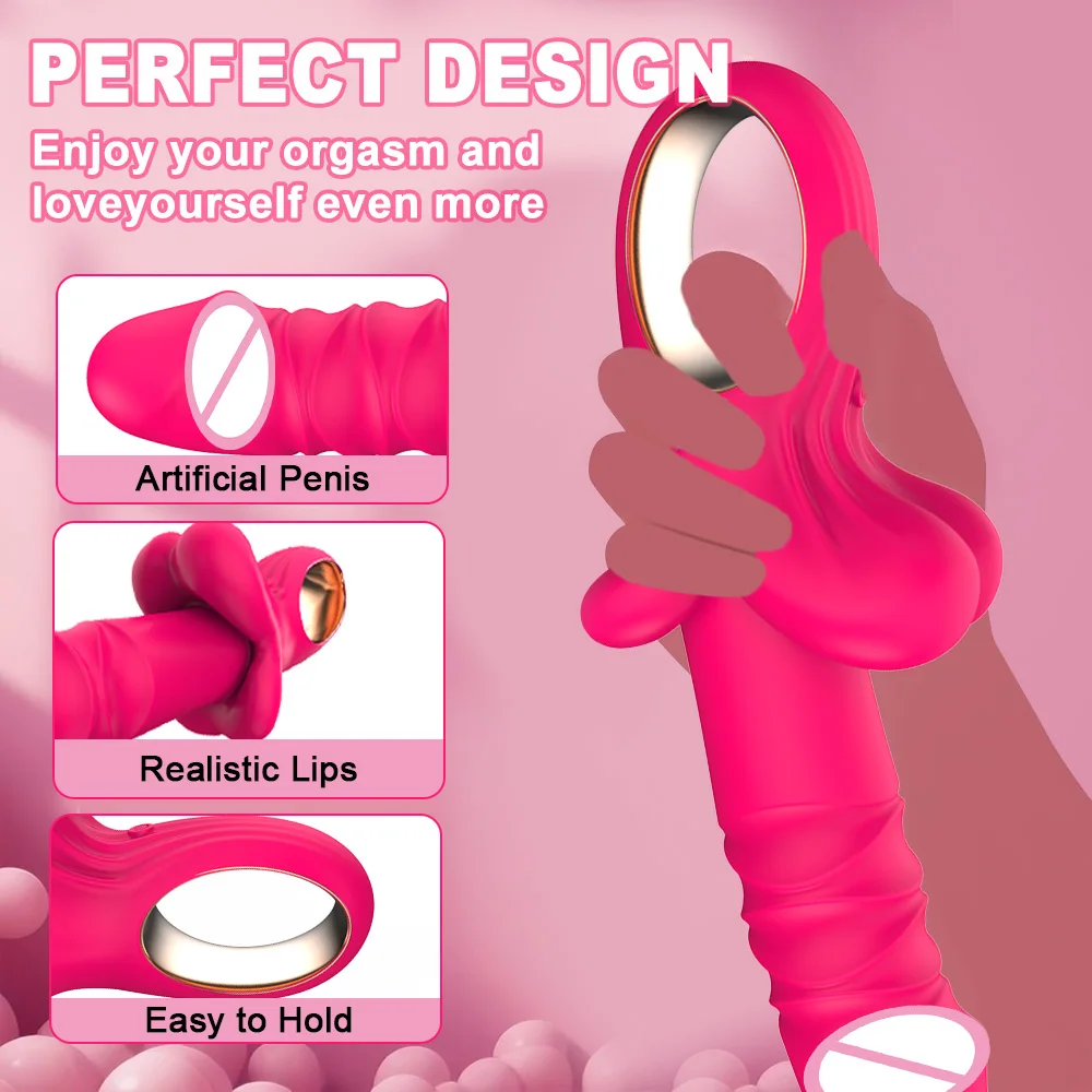 A sleek, mouth-shaped thrusting dildo vibrator designed for G-spot, clitoral, and anal stimulation for couples.